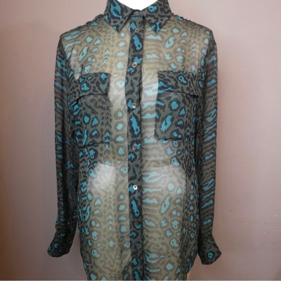 Equipment sheer silk cheetah print teal and green button down blouse - Picture 5 of 12